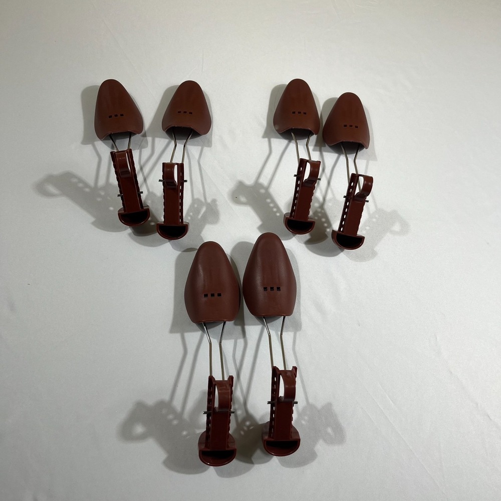 6pc Vintage Brown Plastic Shoe Trees Adjustable Metal Wire Stretchers Lot of 3